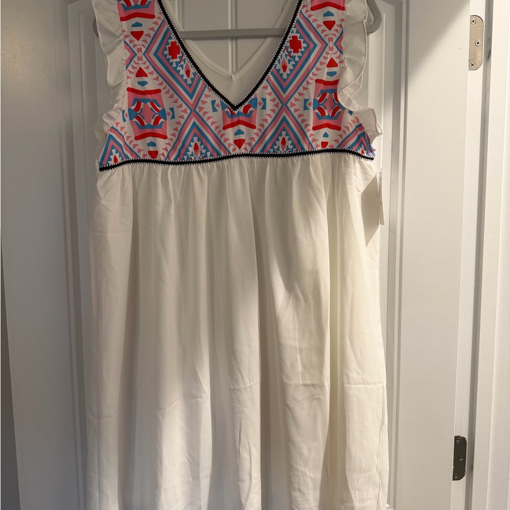 White Dress with Colorful Geometric Pattern